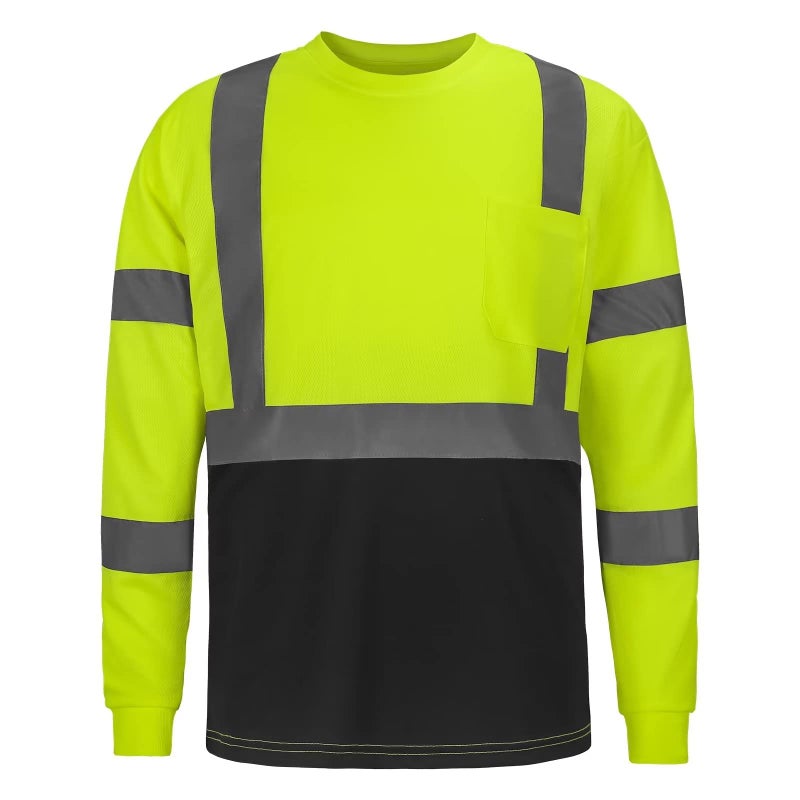 DPSAFETY High Visibility Class 3 T Shirts,Hi Vis Safety Shirts with Reflective Strips and Pocket, Long Sleeve Quick Dry Mesh Construction Work Shirt for Men/Women Black Bottom Lime,3XL - Image 1